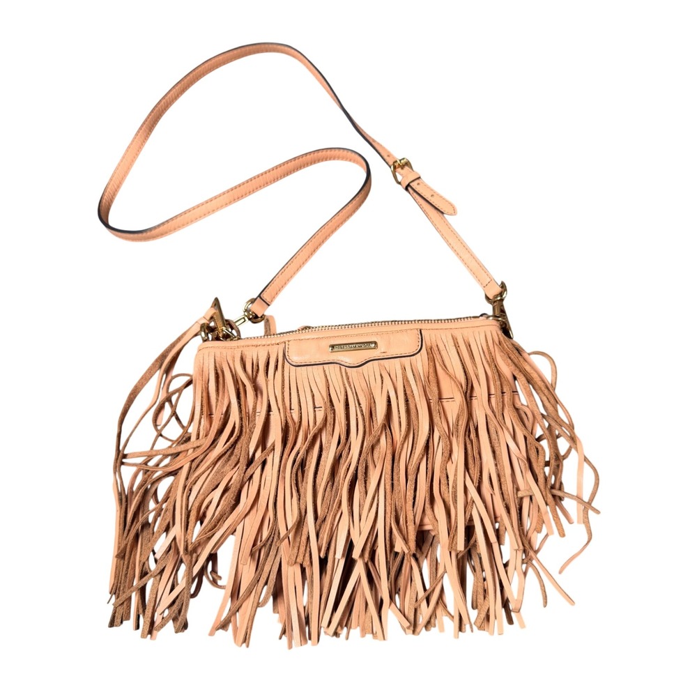 Rebecca Minkoff Finn Fringe Crossbody Bag Peach Pink Leather Gold Boho Western